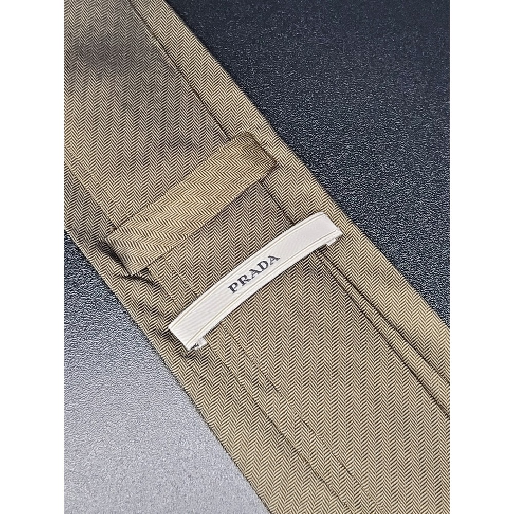 Prada Tie Khaki Tan Herringbone Made in Italy 3 Inch Width